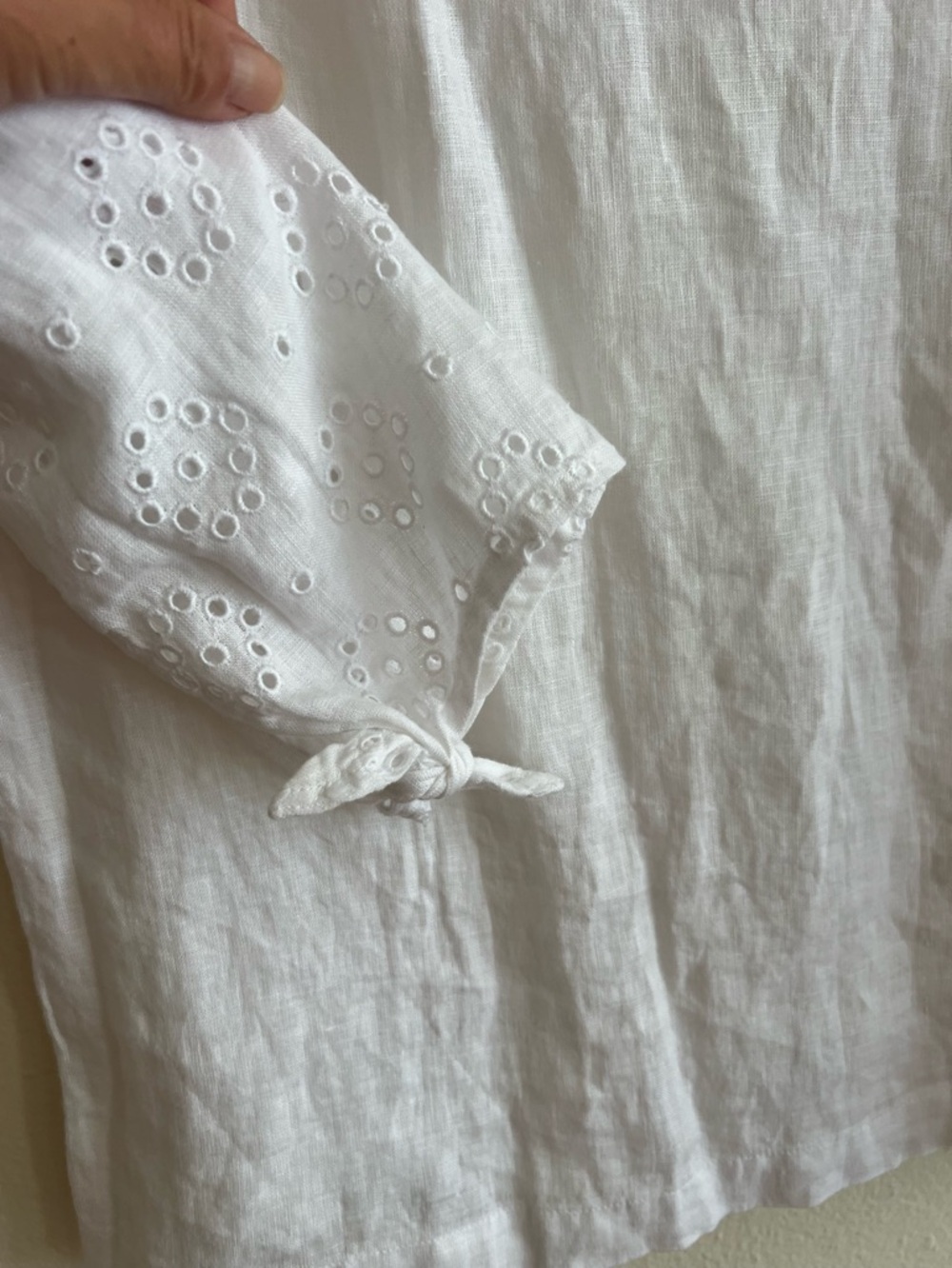New 100% Linen Charter Club Luxury White Eyelet Tie-Sleeve Blouse Size XS - Picture 6 of 10